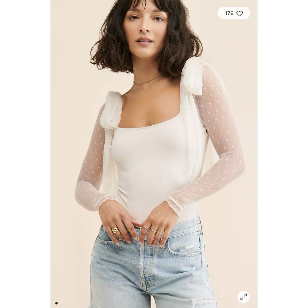 Intimately Free People‎ Tongue Tied Bodysuit Ivory Size Small Sheer Lace Sleeves